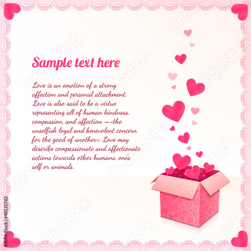 Vector: Greeting card with ornate box of hearts and lacy frame Greeting card with ornate box of hearts and lacy frame