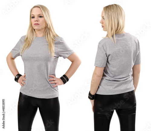 Photo: Blond woman posing with blank gray shirt Blond woman posing with blank gray shirt
