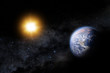 Illustration: Illustration of the Sun and earth in space. Milky way as a backd Illustration of the Sun and earth in space. Milky way as a backd