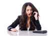 Young phone operator on white