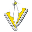 Pair of yellow sneakers hanging on a peg. Vector illustration.