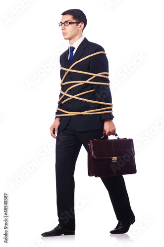 Photo: Businessman tied up with rope on white Businessman tied up with rope on white