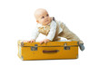 Photo: Cute baby boy sit on the big vintage suitcase Cute baby boy sit on the big vintage suitcase