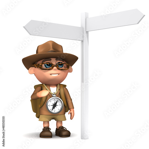 Illustration: 3d Explorer at road sign 3d Explorer at road sign