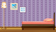 Bed, lamp shade, and paintings