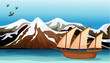 Vector: A boat floating near the mountain area A boat floating near the mountain area