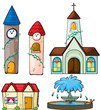 A clock tower, church, house and fountain