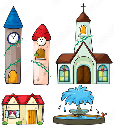 Vector: A clock tower, church, house and fountain A clock tower, church, house and fountain