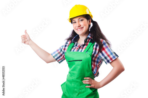 Photo: Female construction worker isolated on white Female construction worker isolated on white