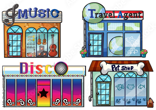 Vector: A musical store, travel agent office, disco house and a pet shop A musical store, travel agent office, disco house and a pet shop