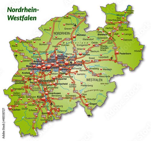 Vector: Landkarte von Nordrhein-Westfalen mit Autobahnnetz Landkarte von Nordrhein-Westfalen mit Autobahnnetz