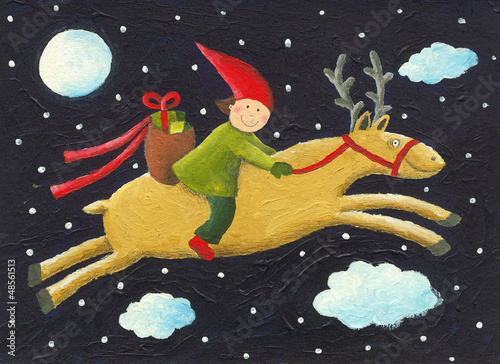 Illustration: elf on reindeer elf on reindeer