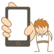 cartoon character of man showing message on cell phone