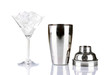 Cocktail shaker and cocktail glass isolated on white
