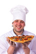 Photo: male chef holding a pizza box open male chef holding a pizza box open