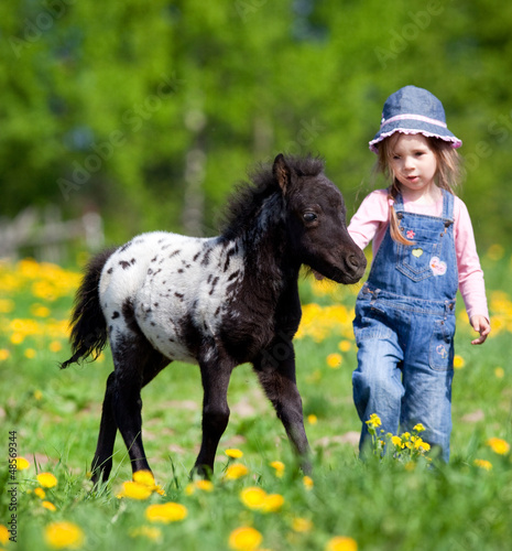 Photo: Child and foal in the field at spring. Child and foal in the field at spring.