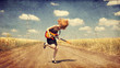 Red-head girl with guitar. Photo in old image style.