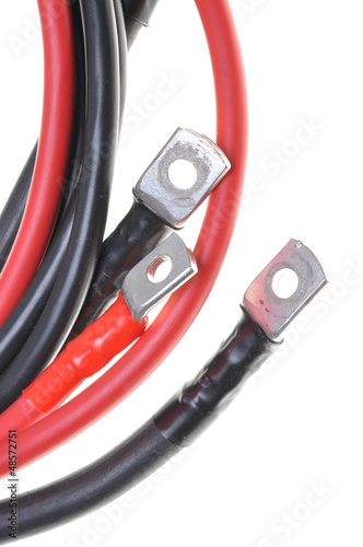 Photo: Power cable with eyelet terminal isolated on white Power cable with eyelet terminal isolated on white