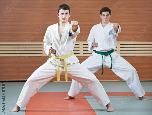 Photo: Two man at taekwondo exercises Two man at taekwondo exercises