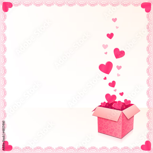 Vector: Greeting card with ornate box of hearts and lacy frame Greeting card with ornate box of hearts and lacy frame