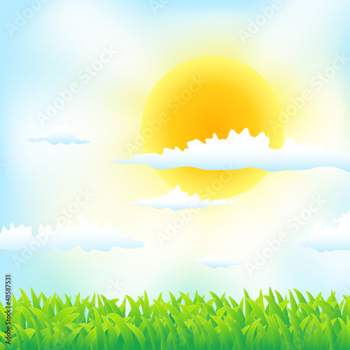 Vector: spring background with grass, sun and clouds spring background with grass, sun and clouds