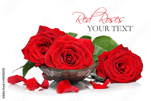 Photo: Red roses and petals in a wooden spa bowl Red roses and petals in a wooden spa bowl