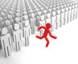 Illustration: Red Human Figure Running from the Crowd of Gray Indifferent Huma Red Human Figure Running from the Crowd of Gray Indifferent Huma