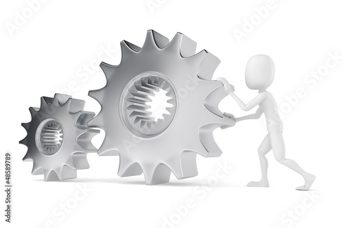 Illustration: 3d man pushing a metal gear wheel 3d man pushing a metal gear wheel