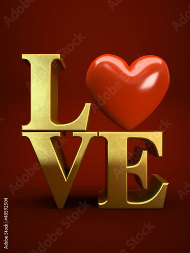 Illustration: Gold letters LOVE isolated on red background illustration Gold letters LOVE isolated on red background illustration