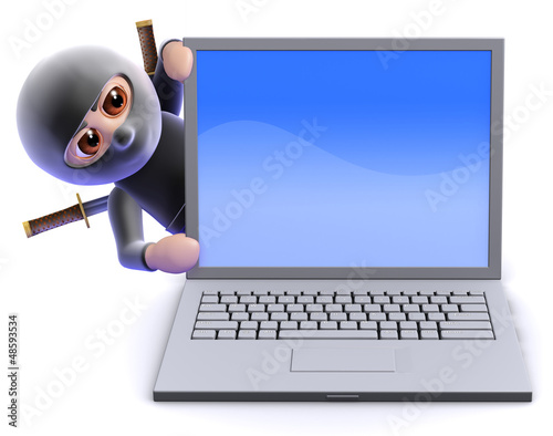 Illustration: Ninja leans out from behind laptop Ninja leans out from behind laptop