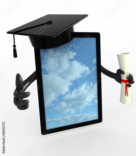 Illustration: tablet pc with arms, Graduation Cap and Diploma tablet pc with arms, Graduation Cap and Diploma