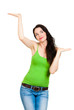 Beautiful woman showingor comparing with hands