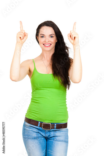 Photo: Happy lady pointing up Happy lady pointing up