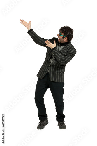 Photo: man indicate on white background man indicate on white background