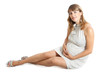A pregnant woman, 9 months, holding her tummy. Isolated on white