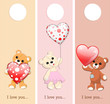 three valentine banners with teddy bears and glossy hearts
