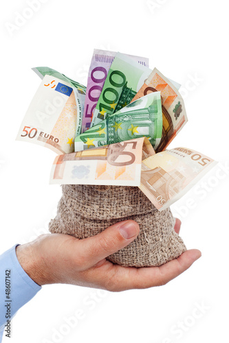 Photo: Euro banknotes in small burlap sack Euro banknotes in small burlap sack