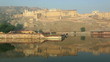 Amber fort overlooking the Maota lake. Jaipur, Rajasthan, India.
