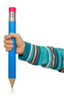 hand with a big pencil is isolated on a white background