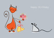 Happy Birthday. Cat congratulates mouse with flowers and cheesee