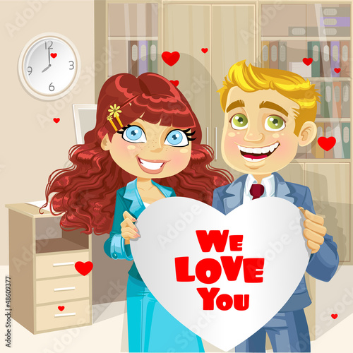 Vector: Cute business man and woman in office holding banner heart Cute business man and woman in office holding banner heart