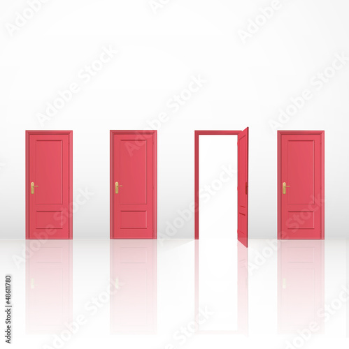 Illustration: Four red doors, one open and the others closed. Four red doors, one open and the others closed.