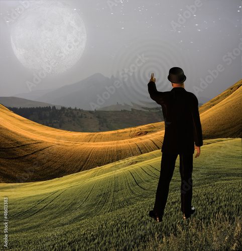 Illustration: Man touches sky in landscape creating ripples in the scene Man touches sky in landscape creating ripples in the scene