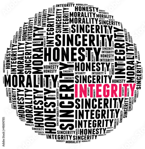 Illustration: Integrity in word cloud with several positive qualities and char Integrity in word cloud with several positive qualities and char