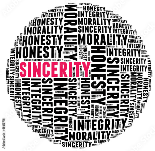 Illustration: Sincerity in word cloud with several positive qualities and char Sincerity in word cloud with several positive qualities and char