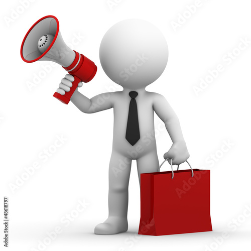 Illustration: A happy businessman with megaphone and shopping bag A happy businessman with megaphone and shopping bag
