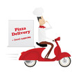Funny italian chef delivering pizza on red moped