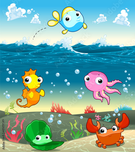 Vector: Funny marine family in the sea. Funny marine family in the sea.