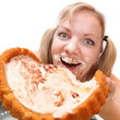 The girl greedy eats sweet pie. Weight loss concept.
