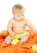 Little boy with color towel, isolated on white